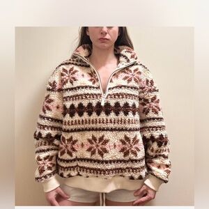 Aerie Cream pink and Brown Patterned quarter zip fleece